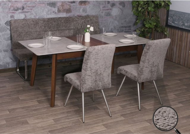 Esszimmer-Set MCW-G55 mit 2 Stühlen und einer 180 cm Sitzbank aus Chenille-Stoff in Dunkelgrau mit Edelstahlgestell - Bild 1