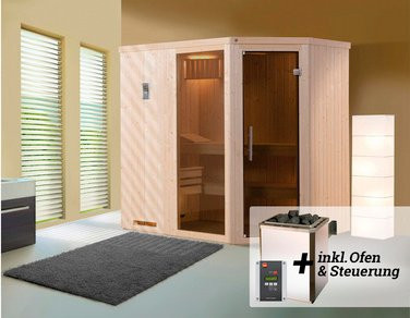 Weka Elementsauna Varberg mit Sparset 7,5 kW und Glasfront in Braun, B/H/T: 194 x 199 x 144 cm - Bild 3