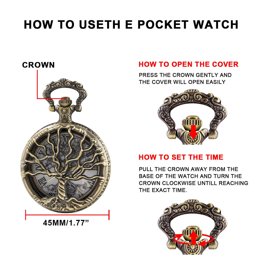NOWVOGUE Steampunk Quarz Taschenuhr mit Lebensbaum Motiv in Bronze und Gold als Halskette für Damen und Herren - Bild 4