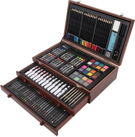 Aimo 142-teiliges Holz-Kunstset in Schwarz mit Buntstiften, Ölpastellkreiden, Wachsmalstiften und Aquarellfarben