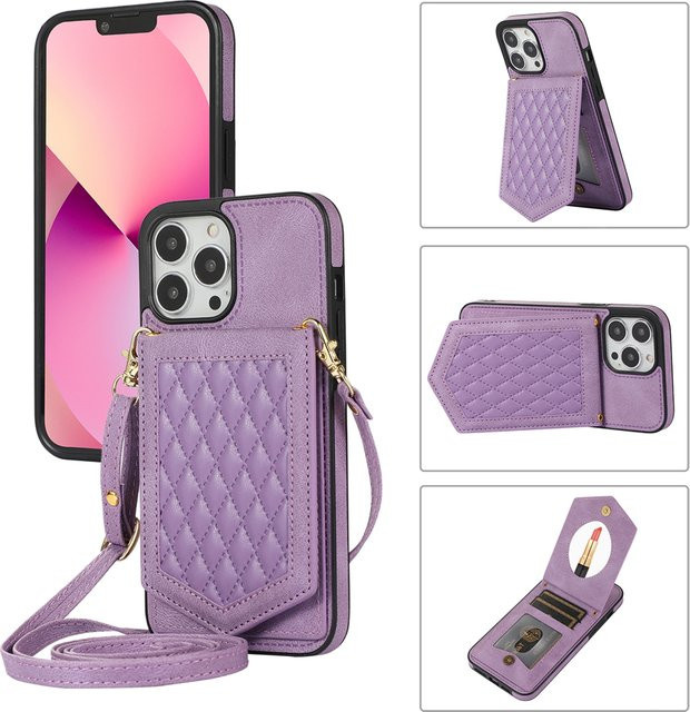 RFID-blockierende Ledertasche von aierkeba mit Make-up-Spiegel und Kartenhalter für iPhone 11 bis iPhone 16 Pro Max in Rot und Lila - Bild 1