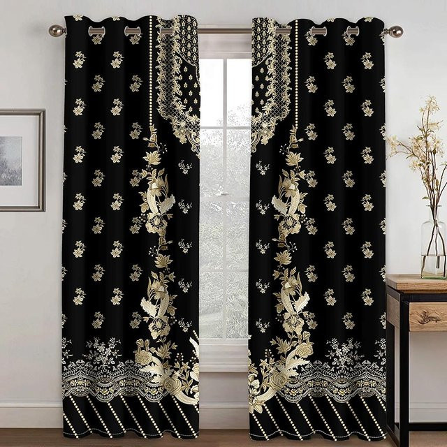 Yiran Furniture Luxus-Vorhang Set mit abstraktem Barock-Druck in Gold und Schwarz aus Polyester, 2 Stück, B: 50 cm, H: 130 cm - Bild 1