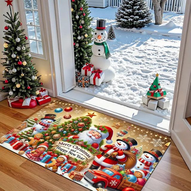 VIKAMA Weihnachts-Bodenmatte aus Flanell mit Weihnachtsmann, Schneemann und Rentier-Design in Multicolor, maschinenwaschbarer Druckteppich für Wohnzimmer, Flur oder Badezimmer - Bild 1