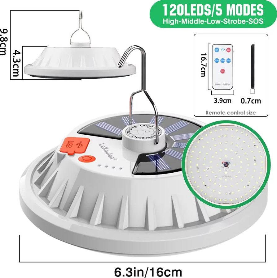 XIWANGFIRE Solar Campinglaterne mit 120 LEDs, tragbares LED-Licht mit Fernbedienung, Powerbank-Funktion und Haken in Weiß - Bild 6