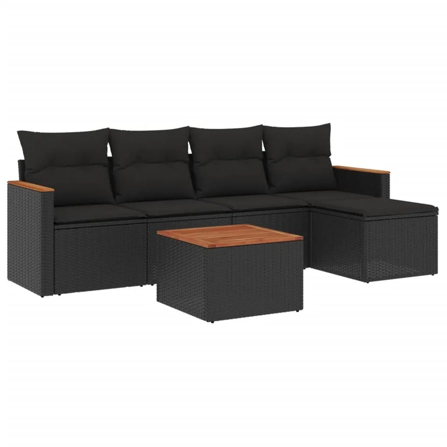 vidaXL 6-tlg Garten-Sofagarnitur aus Poly-Rattan und Akazienholz in Schwarz mit Kissen - Bild 2