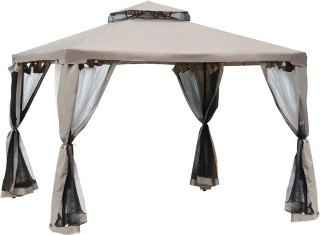 Outsunny Gartenpavillon aus Metall und Polyester mit Spitzdach in Grau und Beige, B/T/H: 294 x 294 x 265 cm - Bild 1
