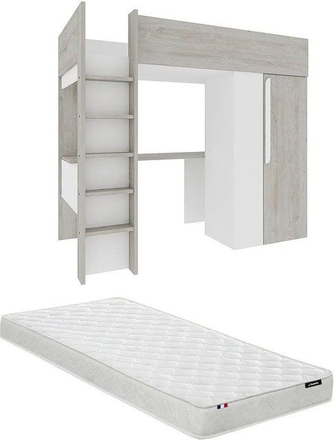 Vente-unique Hochbett Nicolas für Kinder in Hellgrau und Weiß, B/T/H: 90 x 200 x 183,1 cm - Bild 1