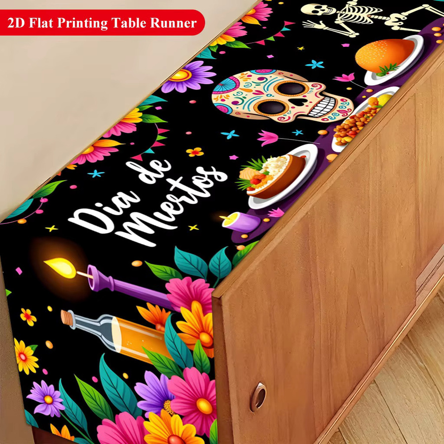 OURFETE Dia De Muertos Tischläufer mit Totenkopf- und Blumendruck in Multicolour, B/H: 180 x 35 cm - Bild 4