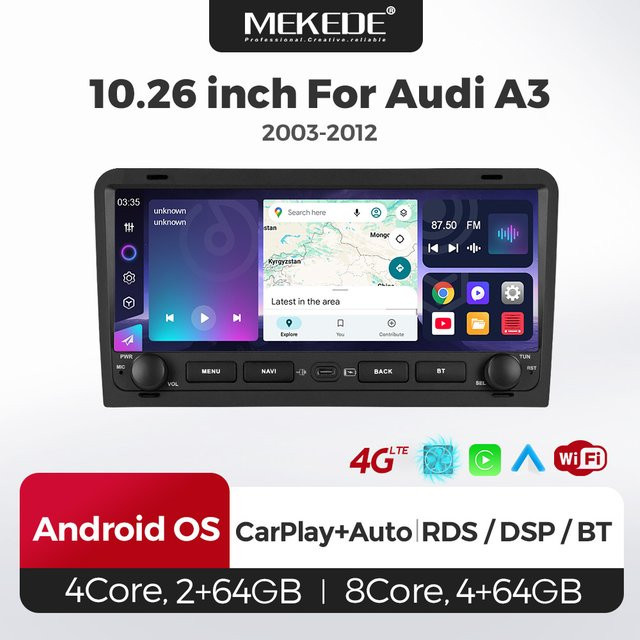MEKEDE Auto-Multimedia-Player mit 10,26 Zoll Display-Touchscreen für Audi A3 8P S3 RS3 2003–2012, Stereo-System mit kabellosem CarPlay und Android Auto, Schwarz - Bild 1