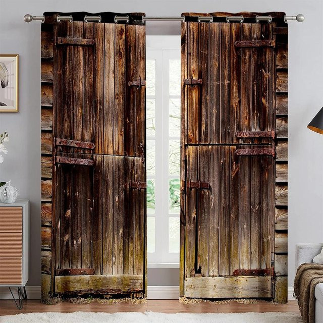 Dekorative Fenstervorhänge mit Retro Holztür-Design von Yiran Furniture, braun, B: 140 cm, H: 160 cm - Bild 1