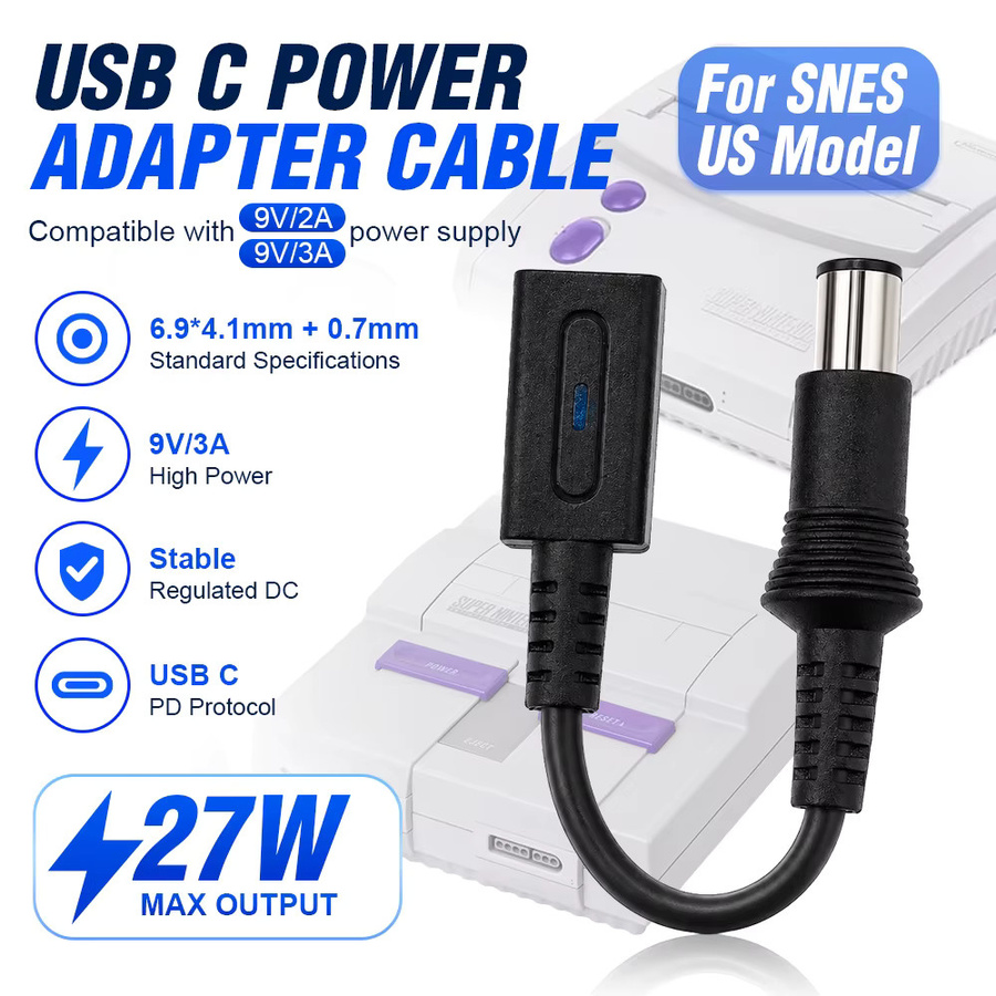 ChisCart USB-C zu DC 9V Stromadapter Konverter für Nintendo SNES SNS-001 und SNS-101 Spielkonsole, Schwarz, 10 cm - Bild 2