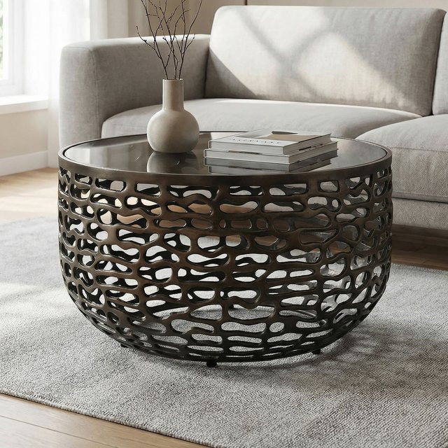 Runder Couchtisch Finebuy aus Aluminium und Glas in Schwarz mit Gitteroptik, Durchmesser: 60 cm - Bild 1