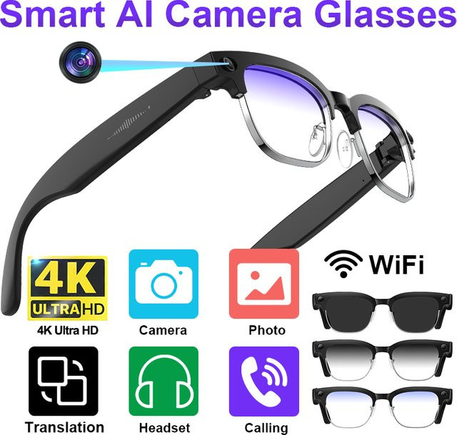 LIGE Smart Sonnenbrille mit 4K HD Kamera, AI Übersetzung, Bluetooth für Anrufe und Musik, wasserdicht, Schwarz - Bild 1