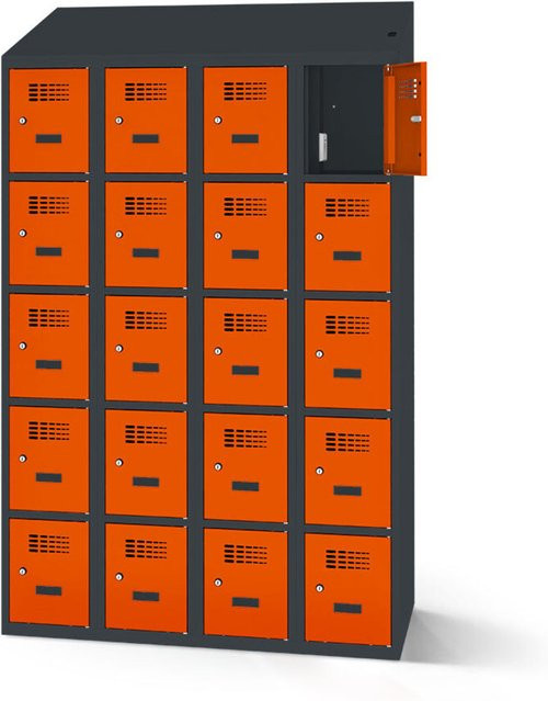 rotstahl Fächerschrank mit 20 Fächern und Ladefunktion, Farbe Orange, Korpus Anthrazitgrau, B: 120 cm, H: 200 cm - Bild 1