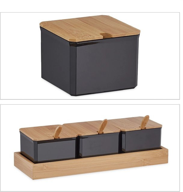 Relaxdays Gewürzbehälter Set aus Bambus und Kunststoff in Schwarz mit Deckel, Löffeln und Bambustablett, B/T/H: 30 x 11 x 13 cm - Bild 1
