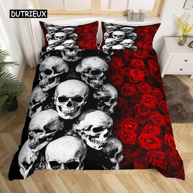 Binchi Outdoor Product Halloween Bettwäscheset mit Totenkopf und goldener Krone, 3-teiliges Set aus Microfaser in Schwarz und Gold, B/H: 140 x 200 cm - Bild 1