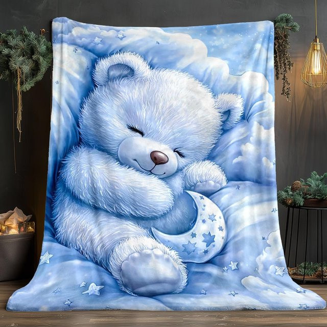 Blaue Fleece-Decke mit Schlafbär, Mond und Sternen von JMG Household Supplies, B/B: 130 x 150 cm - Bild 1