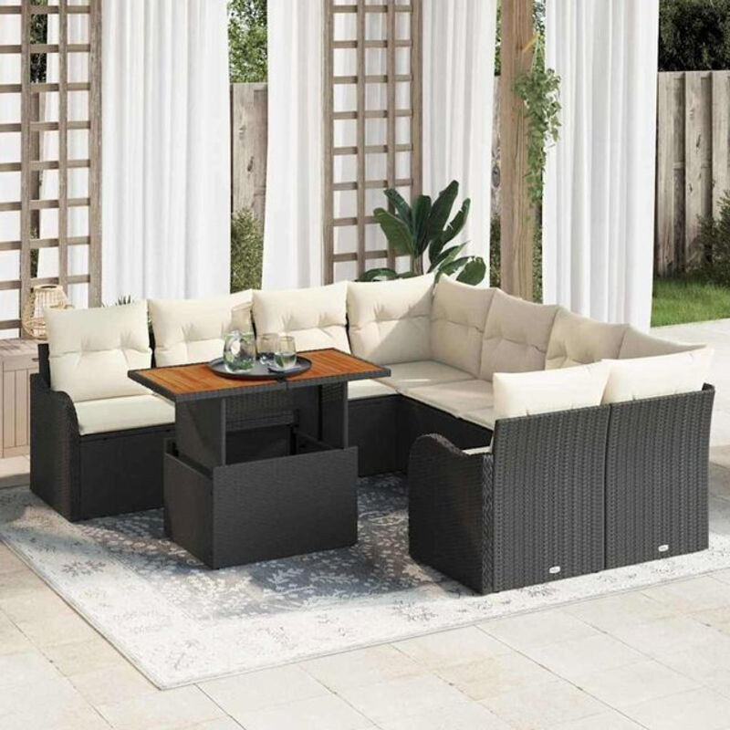 Vidaxl Garten-Sofa-Set aus 7 Teilen in Schwarz und Creme aus Polyrattan und Akazienholz, B/T/H: 100 x 55 x 73 cm - Bild 1