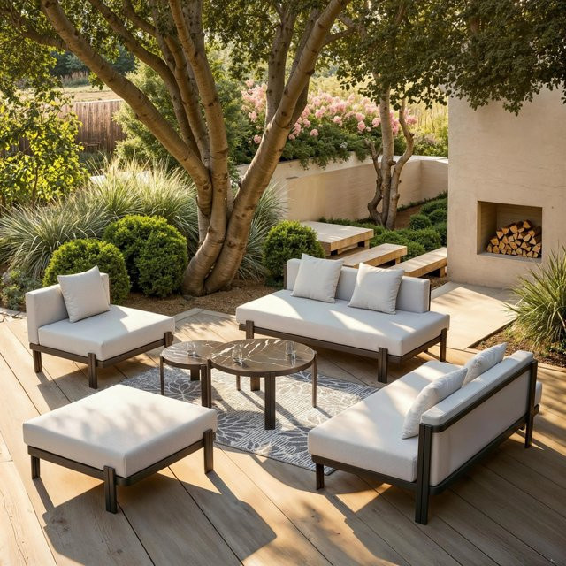 Bessagi Garden Loungegarnitur Cherry Hellgrau mit 2-Sitzer Sofa, Ottoman, Couchtisch und Polstern aus wetterfestem Outdoorstoff und Aluminium - Bild 1