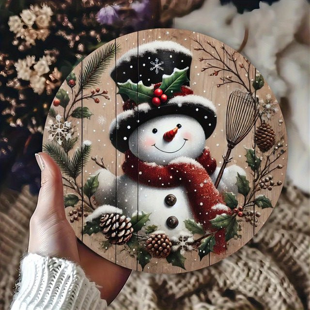 Potdemiel Schneemann-Kranz Vintage Wandkunst aus Metall, rundes Weihnachtsdekor, Mehrfarbig, Durchmesser: 20,32 cm - Bild 1
