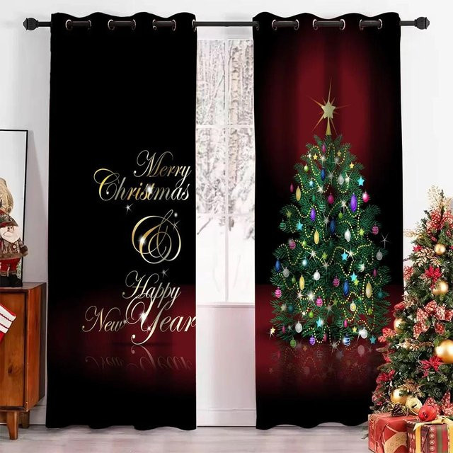 Yiran Furniture Weihnachtsvorhang mit Schneebaum-Motiv, 2er-Set, Lichtgrau, B: 50 cm, H: 160 cm - Bild 1