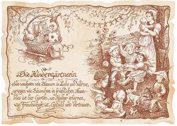 Vintage Zunftbild Kindergärtnerin von Tantum Graphic auf Antikpapier im A4-Format, braun - Bild 1