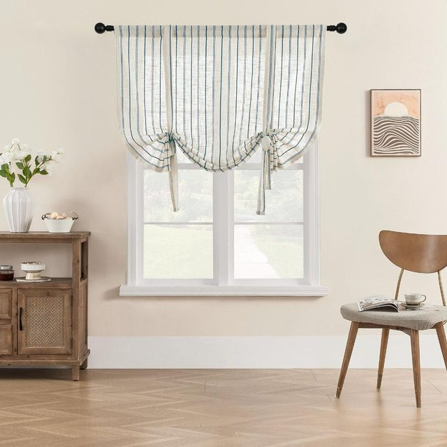 AiFish Römischer Etagenvorhang aus Leinenmischung mit blauen Streifen, Transparent, Beige/Blau/Weiß - Bild 1