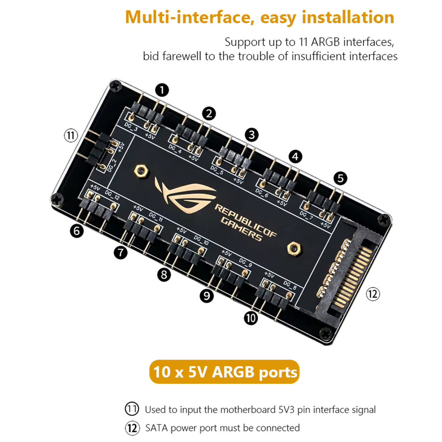 Asus AURA SYNC ARGB RGBW Kabel Splitter Hub mit 3 Pin 5V und SATA Power für LED Streifen und PC Lüfter in Schwarz - Bild 5