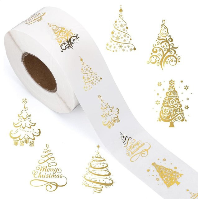 500 Stück Weihnachtsgeschenk-Etikettenaufkleber für Kinder mit Goldfolie und Baum-Motiv, selbstklebend, transparent, Durchmesser: 2,5 cm - Bild 1