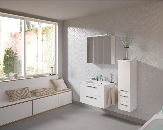Pelipal Badmöbel-Set Trentino in Weiß Hochglanz mit Waschtisch aus Mineralmarmor, Waschtischunterschrank, Spiegelschrank und Midischrank, Breite: 107 cm - Bild 1