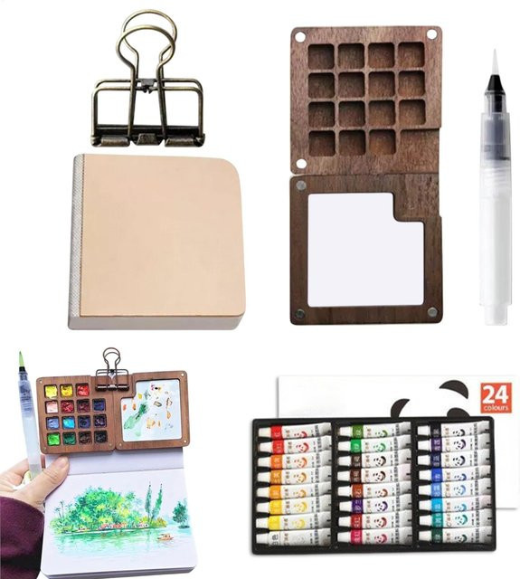 Aquarell-Paletten-Set mit Holz-Malbox und Binderclips in Multicolour für Kunstliebhaber - Bild 1