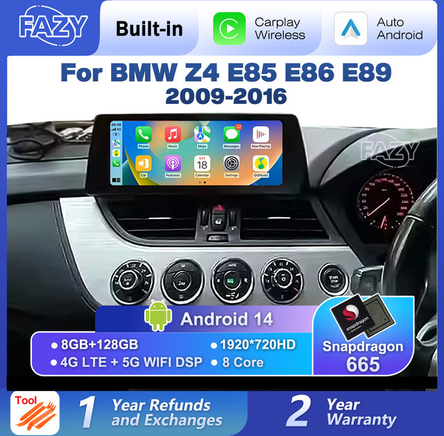 FAZY Android 14 Wireless Carplay Multimedia Autoradio mit Navi und DSP für BMW Z4 E89 E85 E86 2009-2016, Schwarz - Bild 1