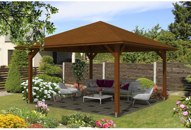 Skan Holz Pavillon Cannes 3 aus Fichte in Nussbaum braun lasiert, Breite: 424 cm, Tiefe: 424 cm - Bild 1