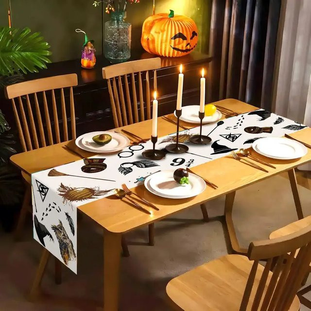 VIKAMA Halloween Tischläufer aus Leinen mit Zauberer- und Hexenmotiv für deine Party-Dekoration, Länge: 150 cm - Bild 1