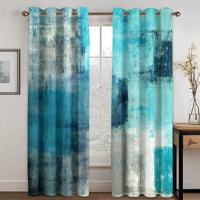 Yiran Furniture Vorhangset mit 3D-Abstrakter Kunst und geometrischer Schattierung, 2er-Set, Blau, Polyester, semi-transparent, B: 135 cm, H: 165 cm - Bild 1