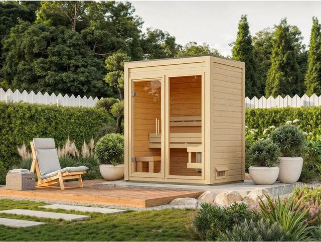 Karibu Gartensauna View Natur aus Fichte mit Klarglastür und Terrasse in Braun - Bild 1