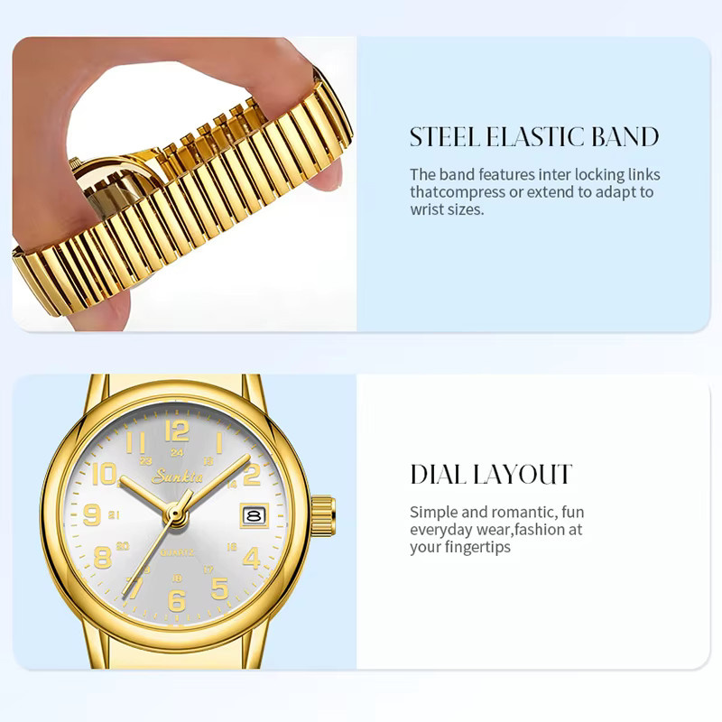 SUNKTA Armbanduhr, Quarz, Edelstahl, Gold, Bicolor, Damen - Bild 4