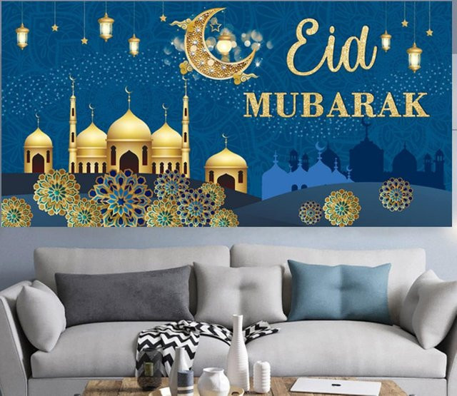 VIKAMA Eid Al Fitr Wandteppich in Blau mit geometrischem Muster und Mond als muslimische Ramadan-Partydekoration, B: 75 cm, H: 58 cm - Bild 1