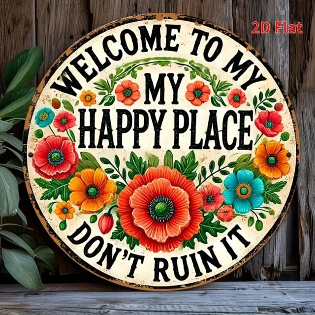 Wasserdichtes Eisenschild Potdemiel Welcome to My Happy Place mit Blumendekor, B/H: 20 x 20 cm, Multicolor - Bild 1