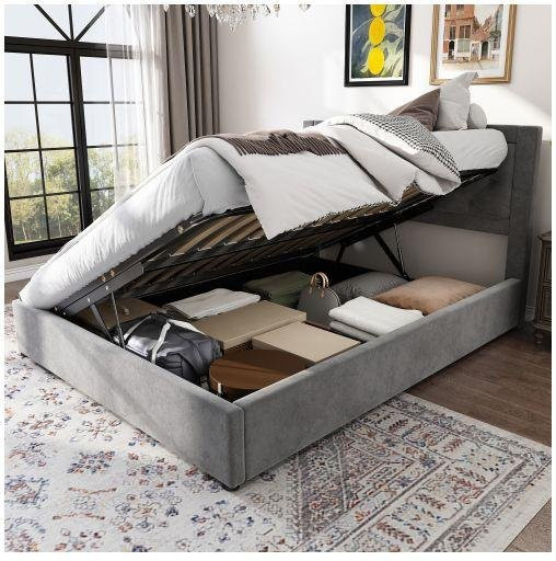Gepolstertes Bett MUVOE in Grau mit Lattenrost und optimiertem Stauraum, B/T: 140 x 200 cm - Bild 1