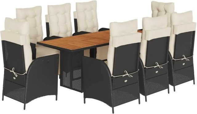 vidaXL 9-teilige Garten-Essgruppe aus PE-Rattan und Akazienholz in Schwarz mit Kissen für Garten, Hinterhof und Terrasse - Bild 1