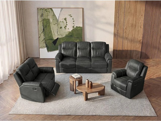 Vente-unique Couchgarnitur Evasion aus Rindsleder in Anthrazitgrau bestehend aus 3-Sitzer, 2-Sitzer und Sessel B/T/H: 205 x 165 x 95 cm - Bild 1
