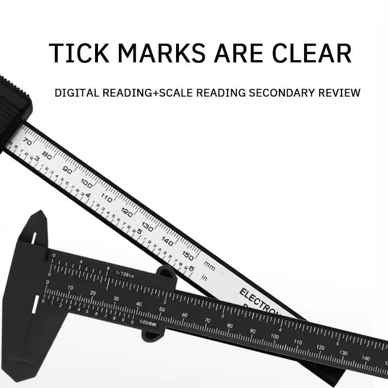 TTAKA7 Digitales Schiebemaß aus Kunststoff mit Textanzeige, Mini-Vernier-Lineal in Schwarz, Messbereich 0 bis 150 mm - Bild 3