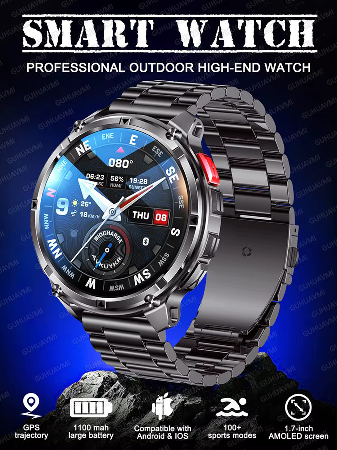 GUHUAVMI Militär Smartwatch für Männer mit GPS, Bluetooth-Anruffunktion, 1100 mAh Akku und 5ATM Wasserdichtigkeit in Schwarz - Bild 6