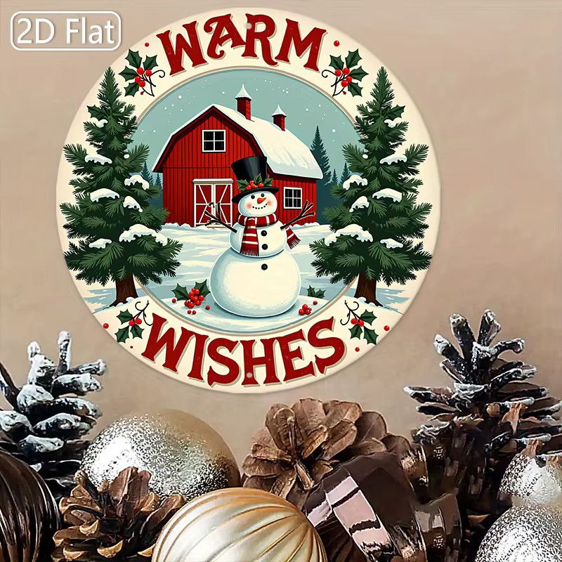 Potdemiel Weihnachts-Wanddekoration aus Metall mit roter Scheune und Schneemann in Winterszene, rundes Metallschild im Bauernhaus-Stil - Bild 3