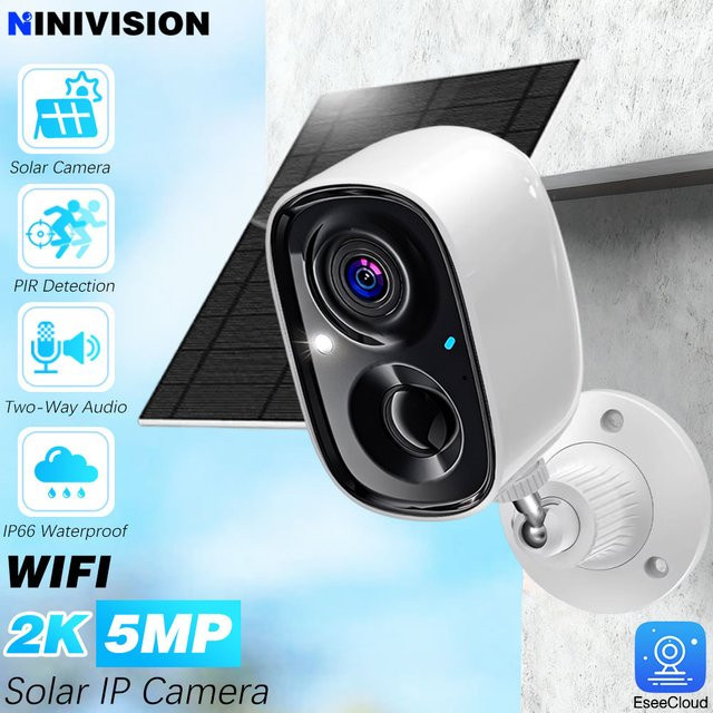 EseeCloud Drahtlose Solar Kamera mit 5MP Auflösung, Wifi Outdoor Sicherheitscamera in Weiß mit Bewegungserkennung, Scheinwerfer und Sirene - Bild 1