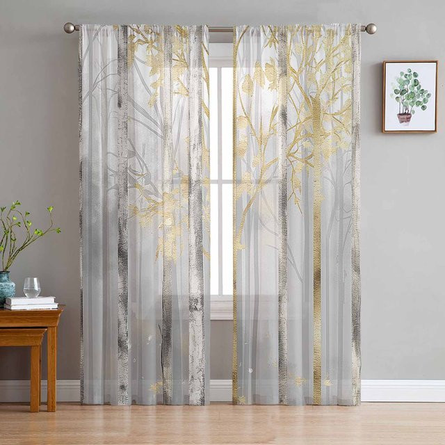 Transparente Chiffon-Fenstervorhänge mit abstraktem Ölgemälde-Baum-Motiv im Sonnenuntergang, Breite: 135 cm, Höhe: 114 cm - Bild 1