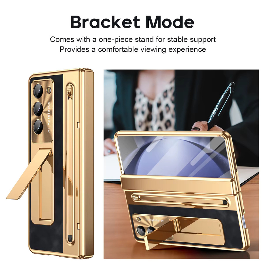 PU-Leder Handyhülle mit Glasfilm-Stiftschlitz und Stiftständer für Samsung Galaxy Z Fold 7, 6, 5, 4, 3 inklusive Scharnier-Schutz in Blau und Gold - Bild 3