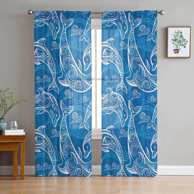 Transparente Tüll-Vorhänge mit Sommer-Delphin-Wellen-Textur von Yiran Furniture in Blau, Breite: 135 cm, Höhe: 274 cm - Bild 1