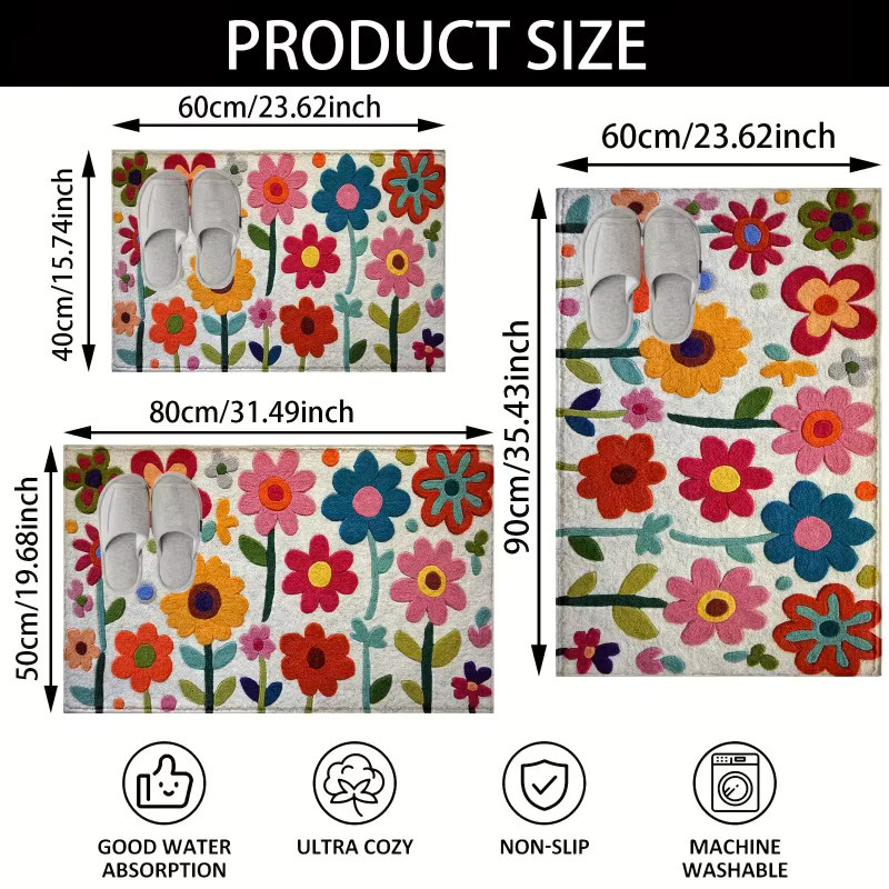 VIKAMA Sommer-Blumen-Fußmatte in Multicolour, waschbar und geräuschdämpfend für Badezimmer, Schlafzimmer und Heimdekoration - Bild 4